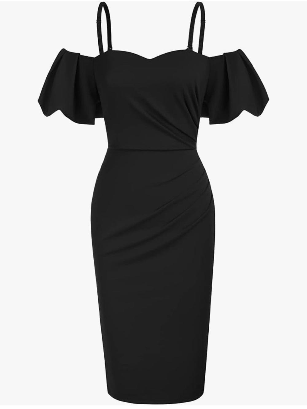 Black Puff-Sleeve Midi Dress with Removable Spaghetti Straps